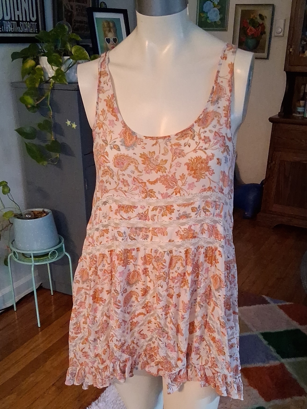 Floral Scoop Neck Sleeveless Tank Top - Peach/White
